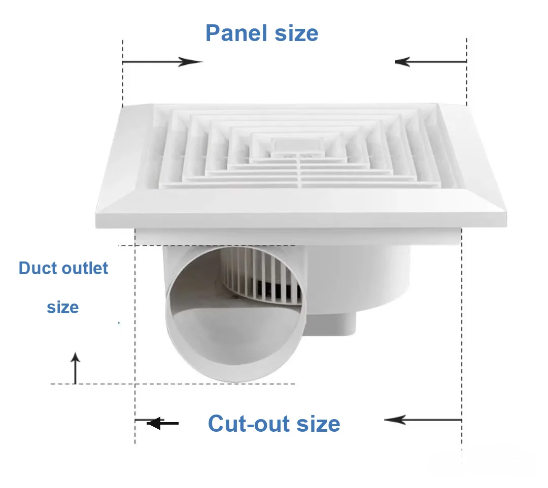 KLT panel exhaust fan dimension diagram: front panel size, wall cut-out size and duct outlet size